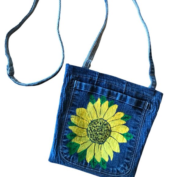 Denim Crossbody Bag: Sunflower Theme Handmade Jean Purse, Cell Phone Holder - Picture 7 of 11